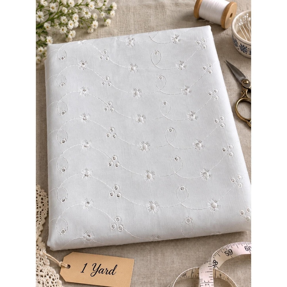 White Allover Eyelet Fabric 1 Yard Floral Swirl Embroidered Cotton Sewing Crafts